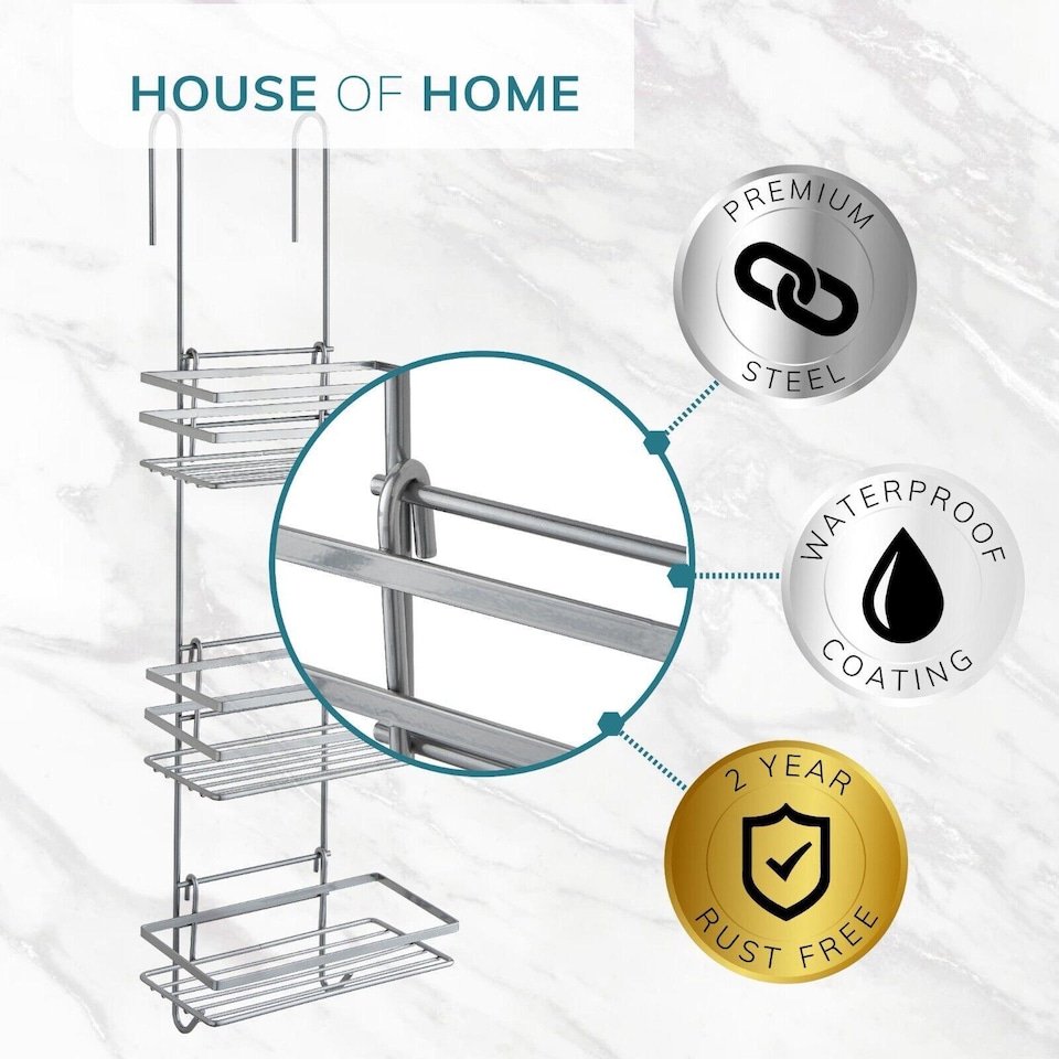 image 1 of House of Home Shower Caddy 3 Tier Bathroom Storage Organiser Over The Door Silver | Silver