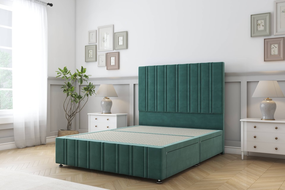 image 1 of Sloomy Langston Emerald Plush Divan Bed Base No Drawers With 54 Inch Floor Standing Headboard & 12 Inch Matching Footboard | Green | Emerald | Small Double | 1