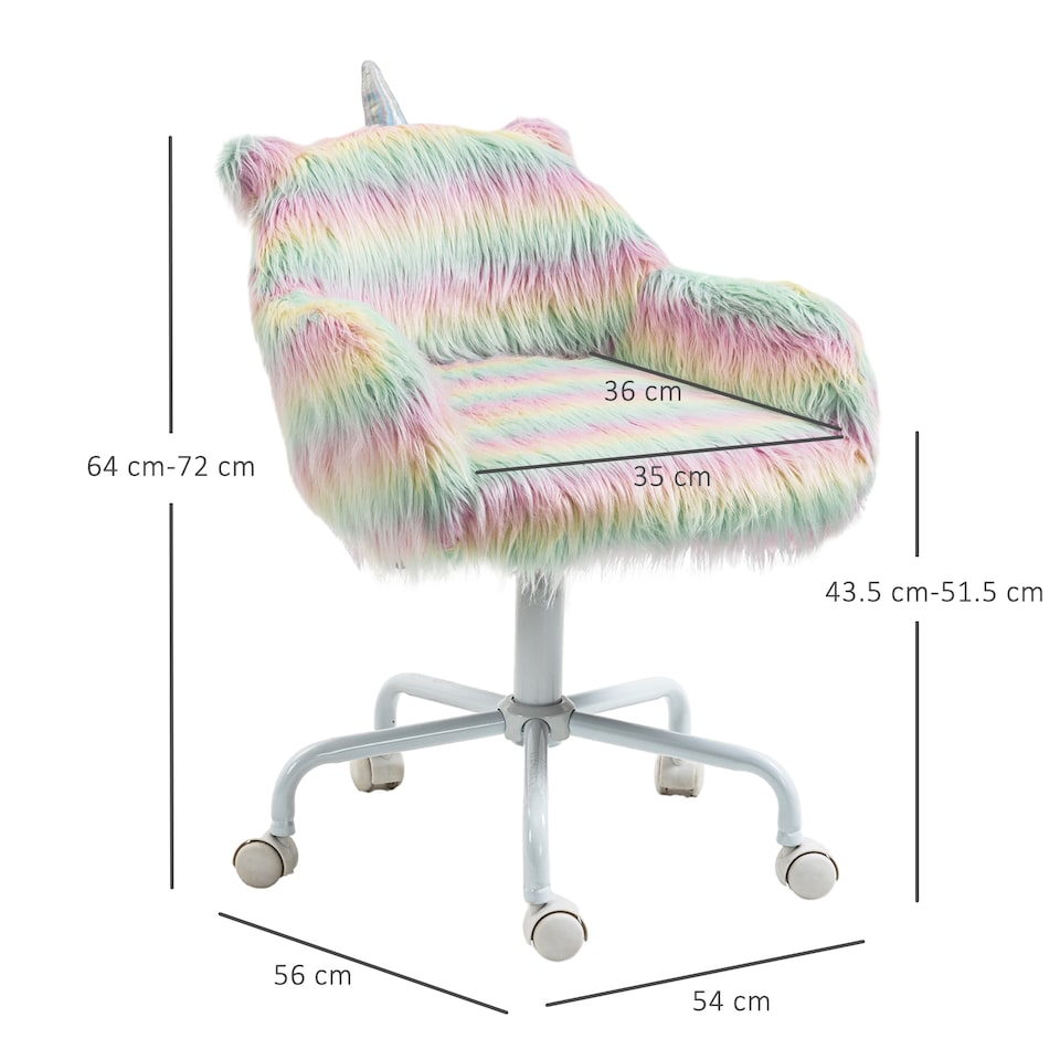 image 1 of Vinsetto Fluffy Desk Chair with Arms, Faux Fur Home Office Chair, Unicorn Swivel Chair with Adjustable Height and Wheels, Colourful