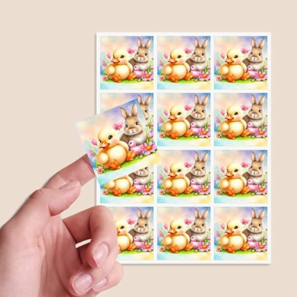 image 1 of Easter Bunny and Chick Square Stickers 65mm - Sheet of 12