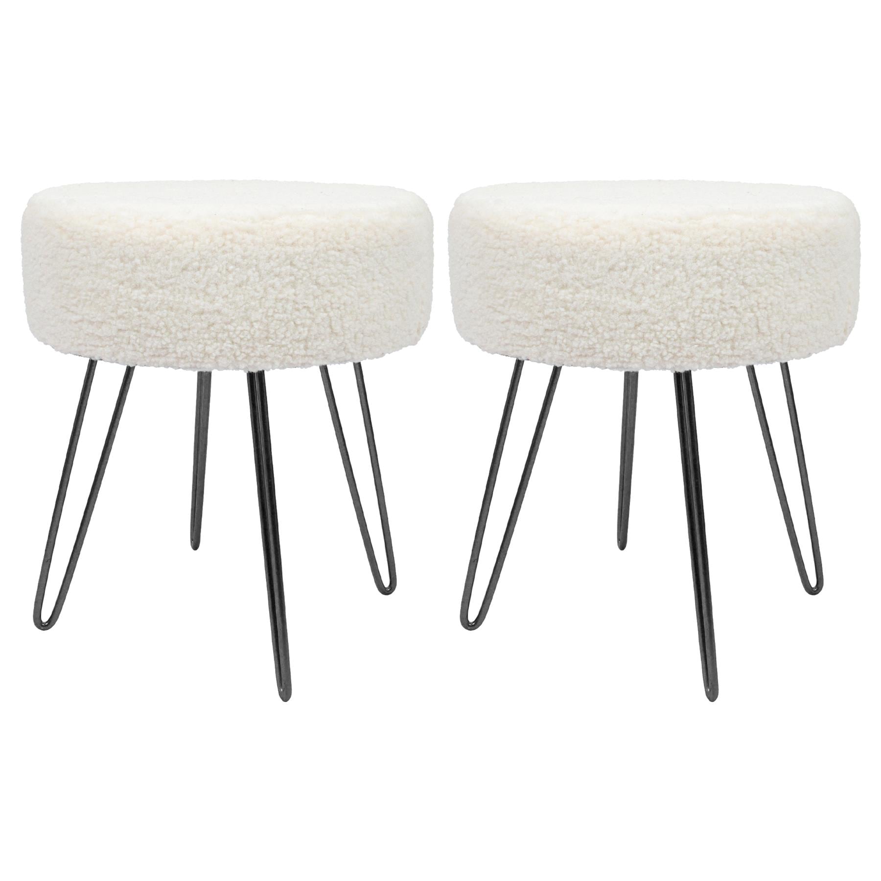 Harbour Housewares 2x Boucle Footstools - Round Modern Dressing Table Footstool Vanity Seat Chairs - 40 x 35cm - Black Legs Black Cream/Black Pack of