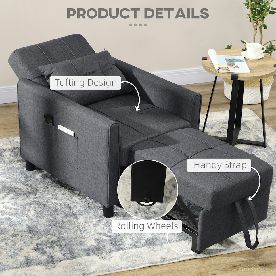 image 1 of HOMCOM Pull Out Chair Bed, Sleeper Chair with Pillow, Side Pockets, Grey