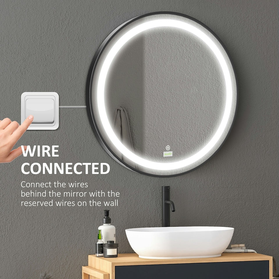 image 1 of kleankin Wall Mounted Round LED Bathroom Mirror with 3 Light Colours, Black