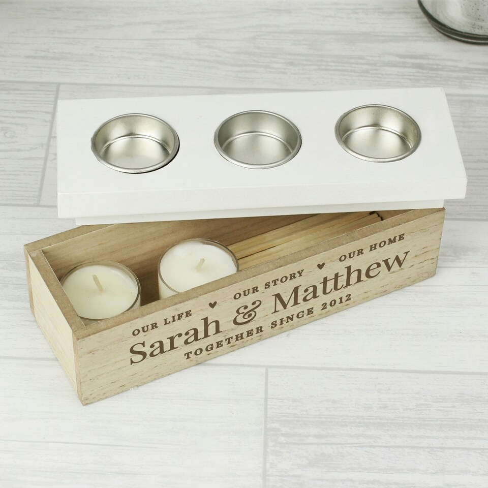 image 1 of Personalised Our Life Story & Home Triple Tea Light Box Brown