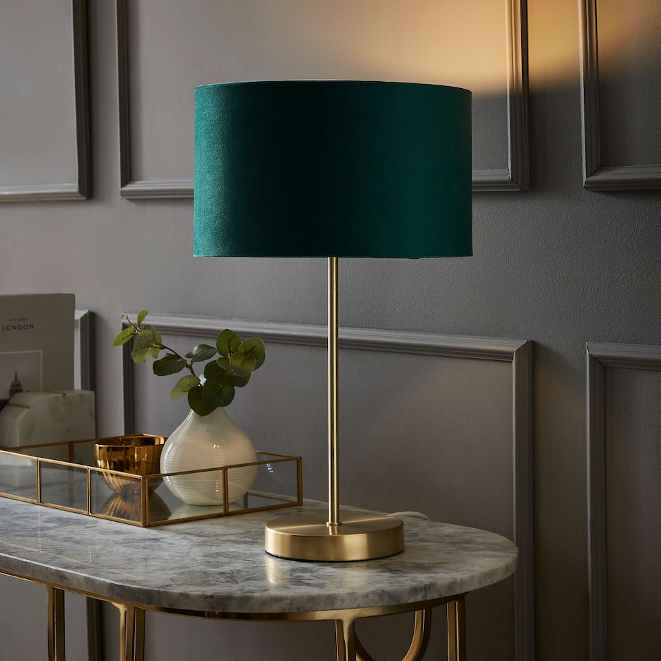 image 1 of ValueLights Charlie Gold Table Lamp Green Velvet Shade | Gold