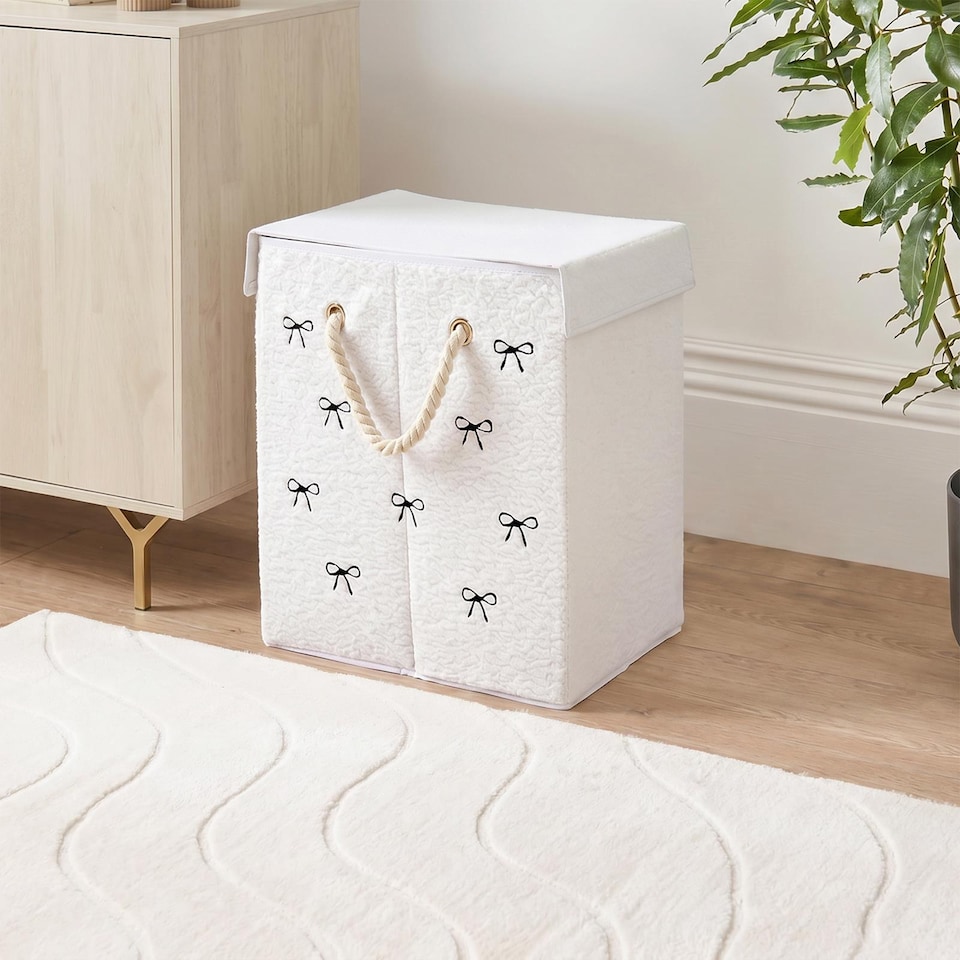 image 1 of OHS Bow Print Boucle Laundry Basket Folding Hamper Bag with Lid
