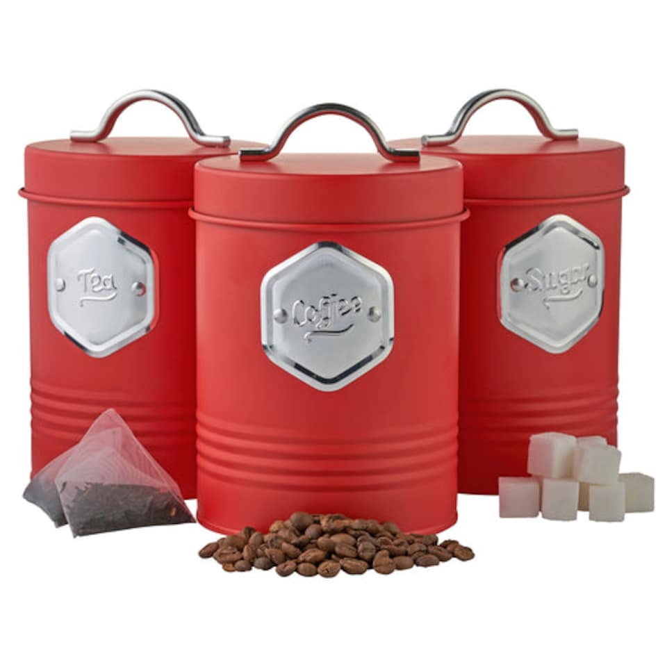 image 1 of Cooks Professional 3 Piece Kitchen Storage Set – Tea, Coffee & Sugar Cannisters | Red | Red & Silver