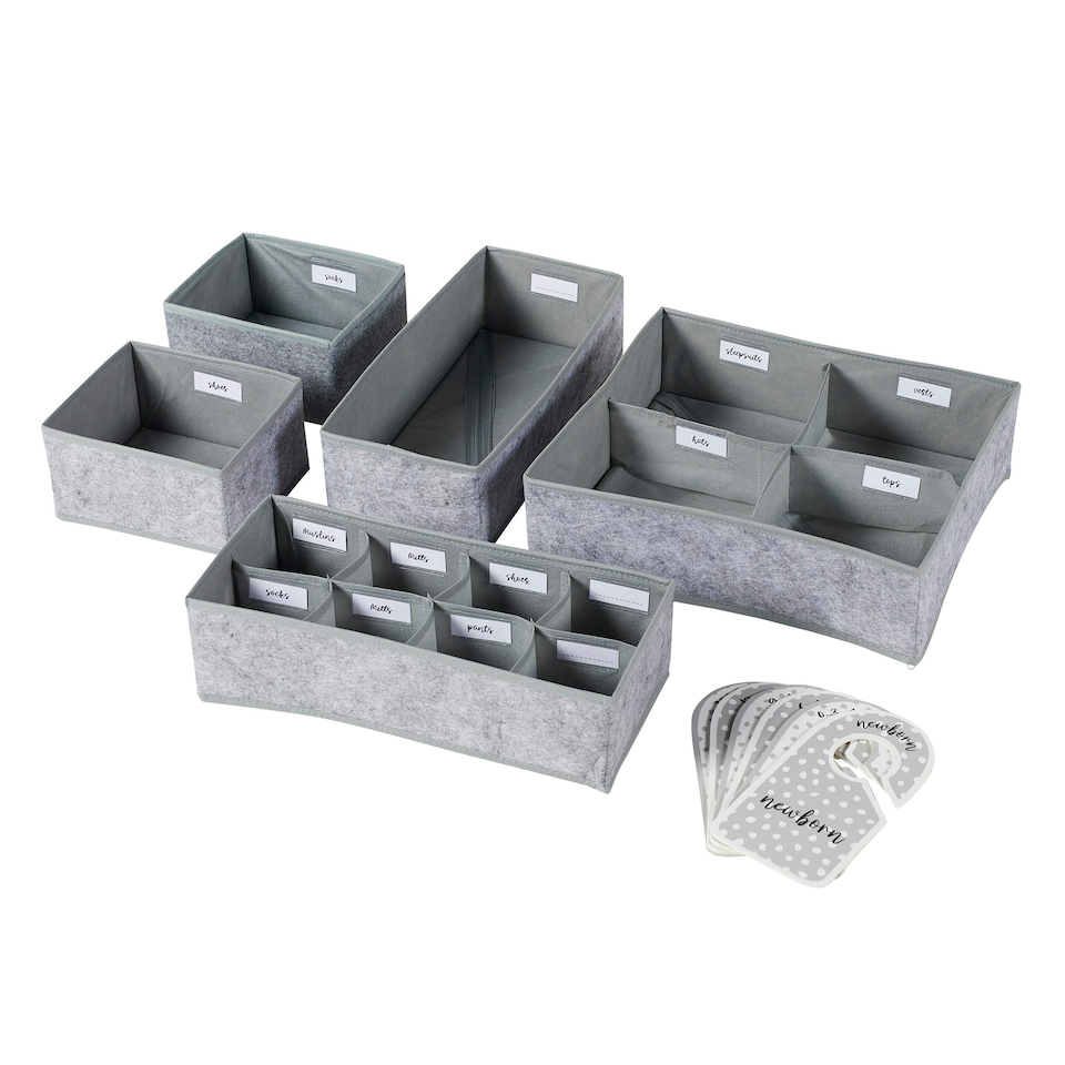 image 1 of Nursery Drawer & Wardrobe Organiser Set – 5 Storage Boxes, 6 Hanging Dividers & 15 Labels, Foldable Baby Clothes & Essentials Storage Solution (Grey)