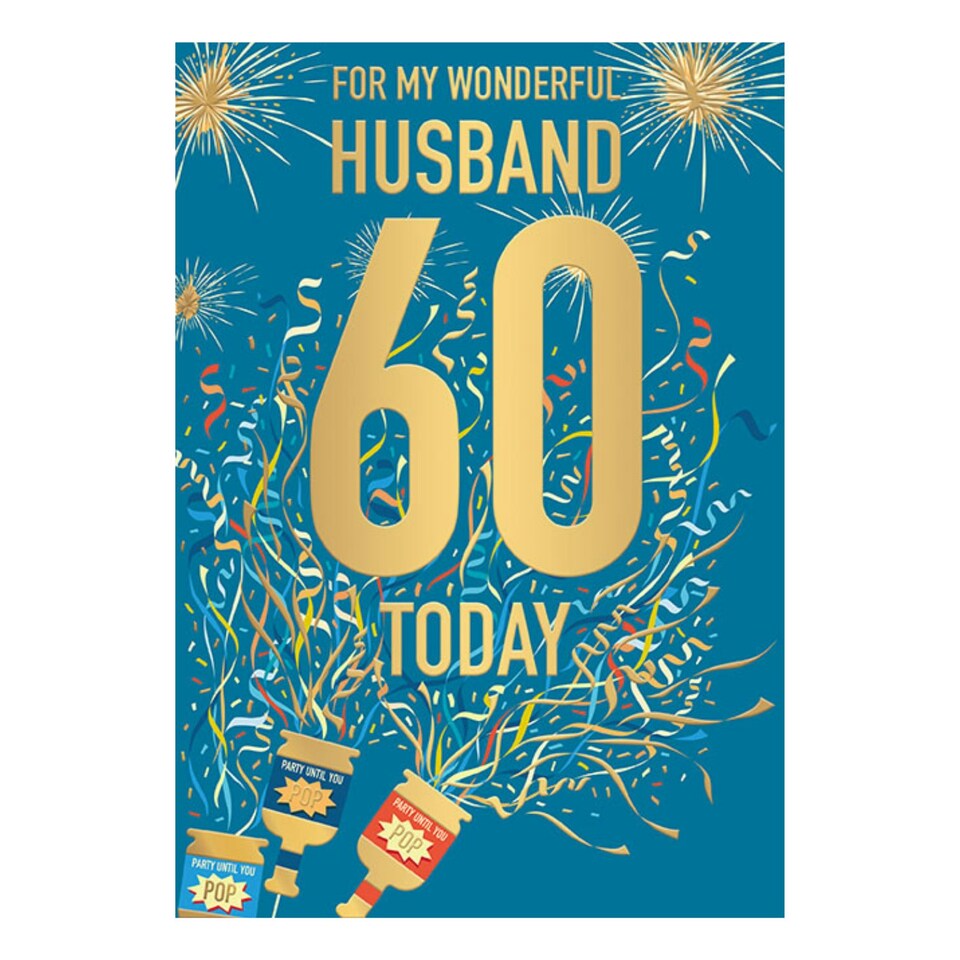 Words 'n' Wishes Birthday Card, Age 60 - Husband Large Foiled Caption and Party Poppers, 23.5 x 16.5 cms, Multi-Coloured