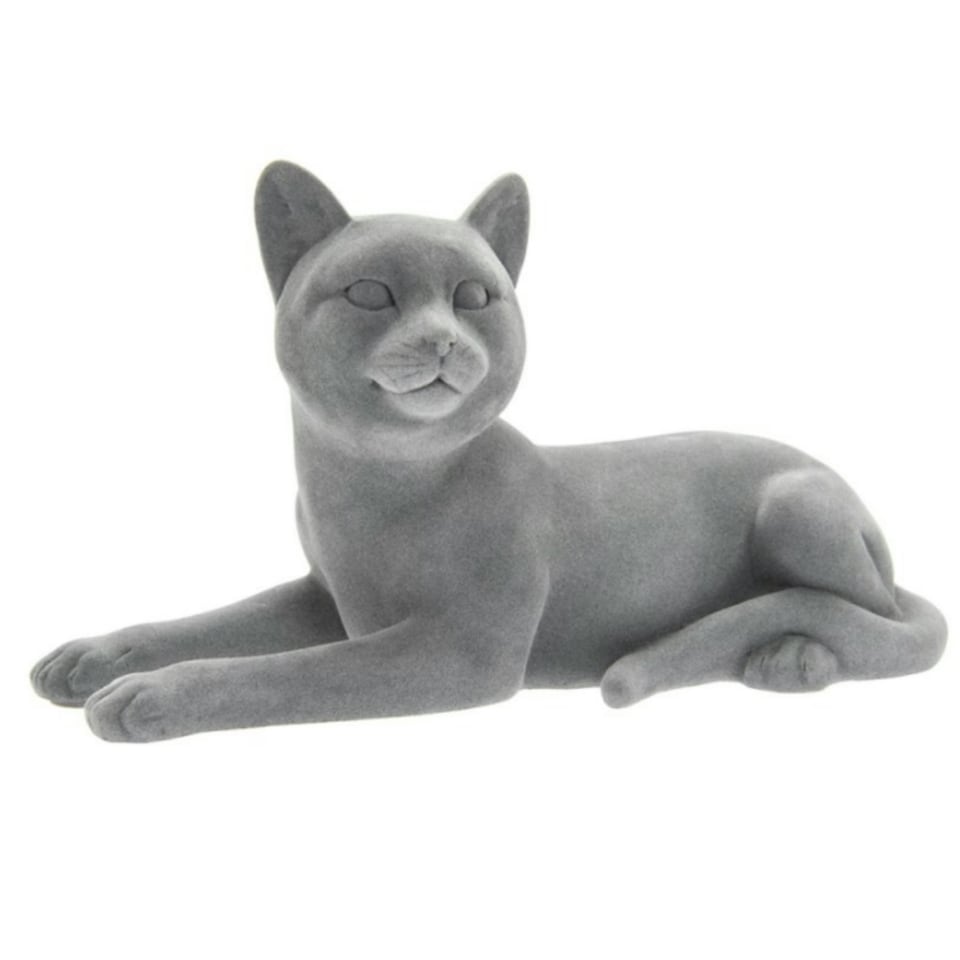 Grey Velvet Effect Laying Cat Figurine
