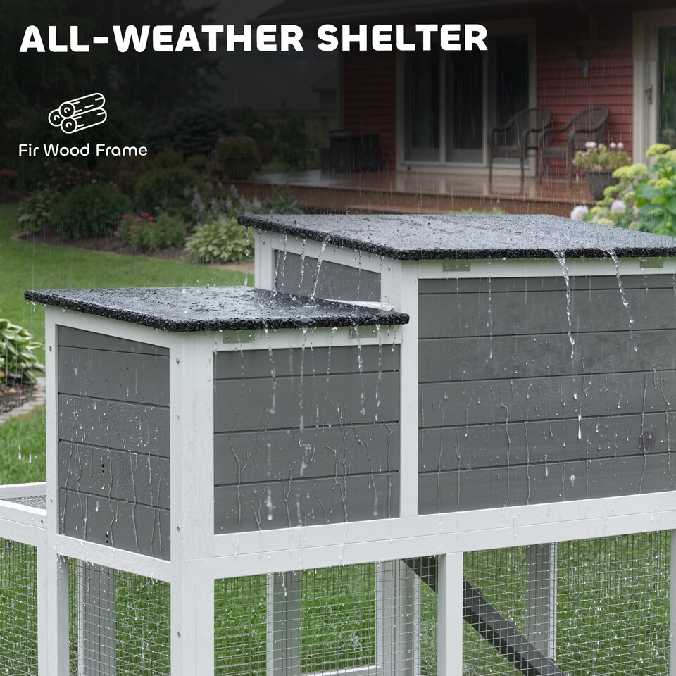 image 1 of PawHut Wooden Rabbit Hutch, Outdoor Bunny Cage with Waterproof Roof | Grey | Grey, Black, White | 97 x 75.5 x 90 cm