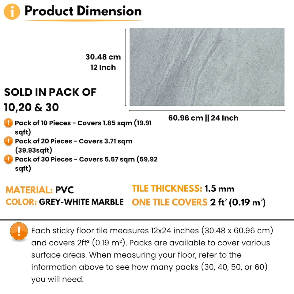 image 1 of NOVECRAFTO Vinyl Floor Tiles Self Adhesive – 12x24in Peel and Stick Waterproof Rectangular Flooring for Kitchen & Bathroom – Grey White Marble Effect Grey | 5.57 sqm