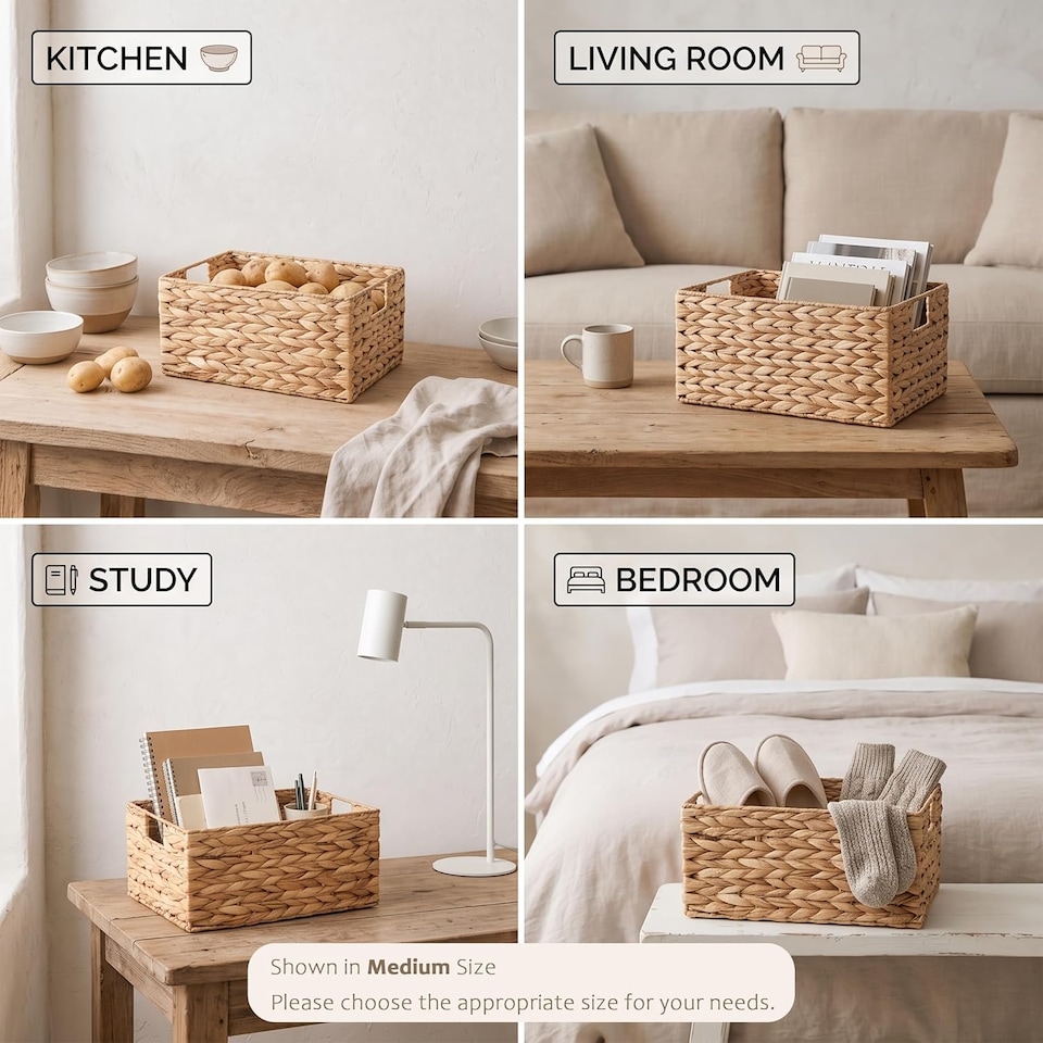 image 1 of Woven Water Hyacinth Organiser Storage Baskets Wicker Hamper Basket With handles Gift Basket Bathroom Toys (Medium)