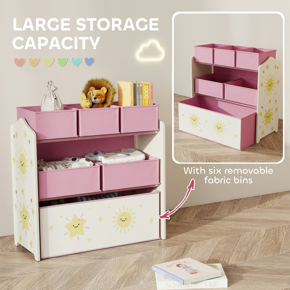 image 1 of AIYAPLAY 3-Tier Kids Storage Shelf with 6 Removable Fabric Boxes | Pink | White | 63L x 30W x 66H cm | 1