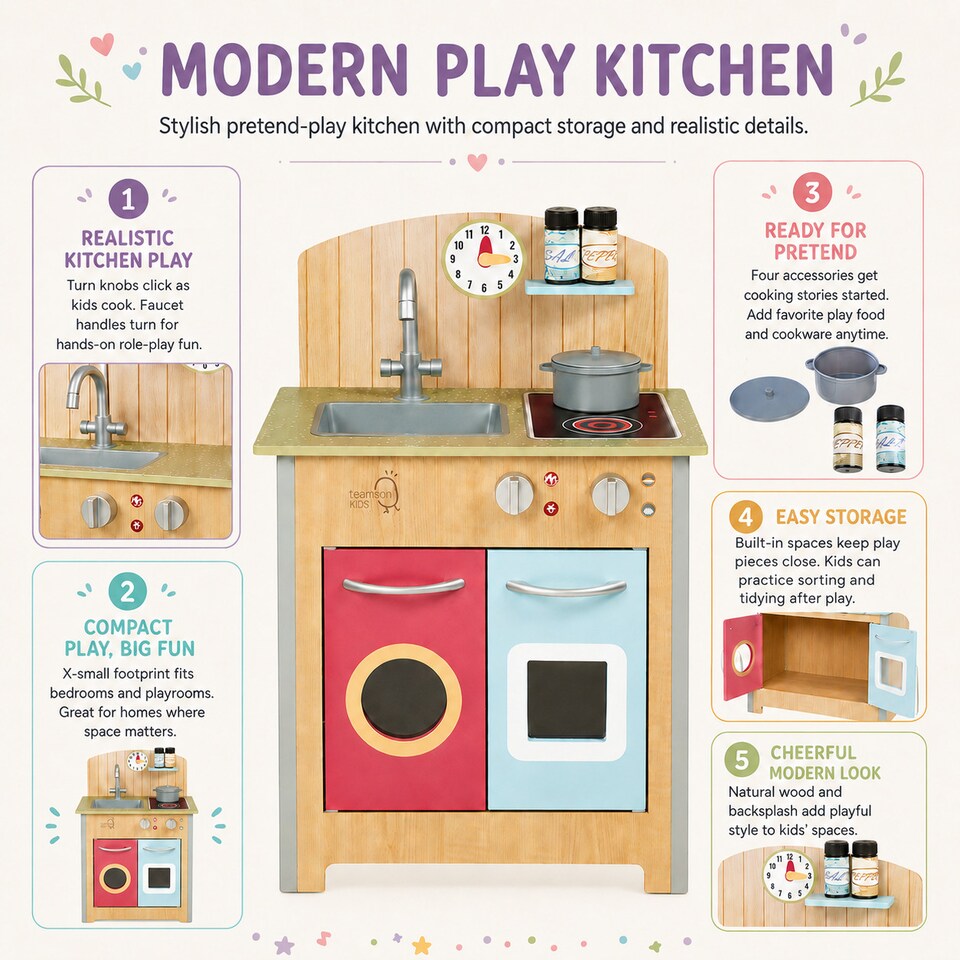 image 1 of Teamson Kids Wooden Play Kitchen with 4 Accessories, Wooden, Porto