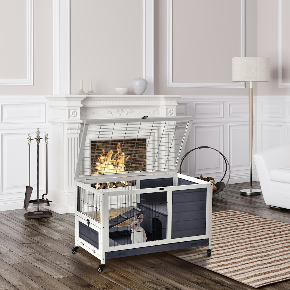 image 1 of PawHut Rabbit Cages, Guinea Pig Hutch w/ Roof & Wheels, No-Leak Tray, White