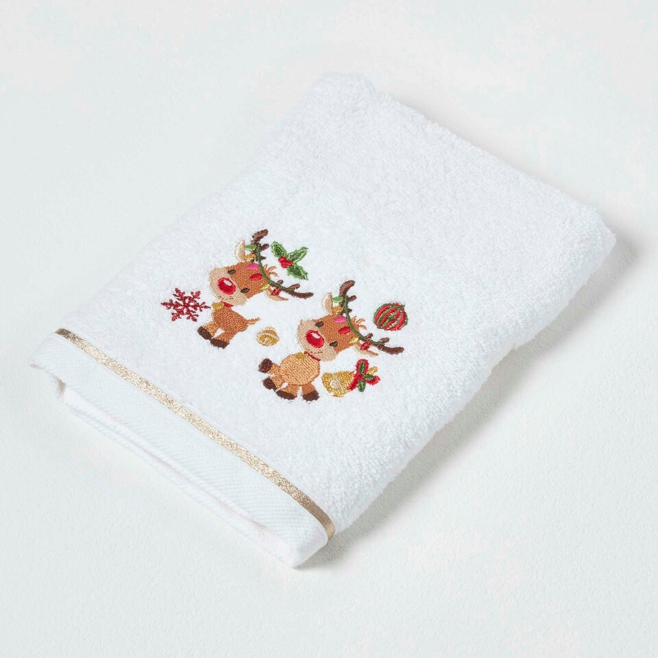image 1 of Homescapes Reindeer Embroidered 100% Cotton Christmas Hand Towel