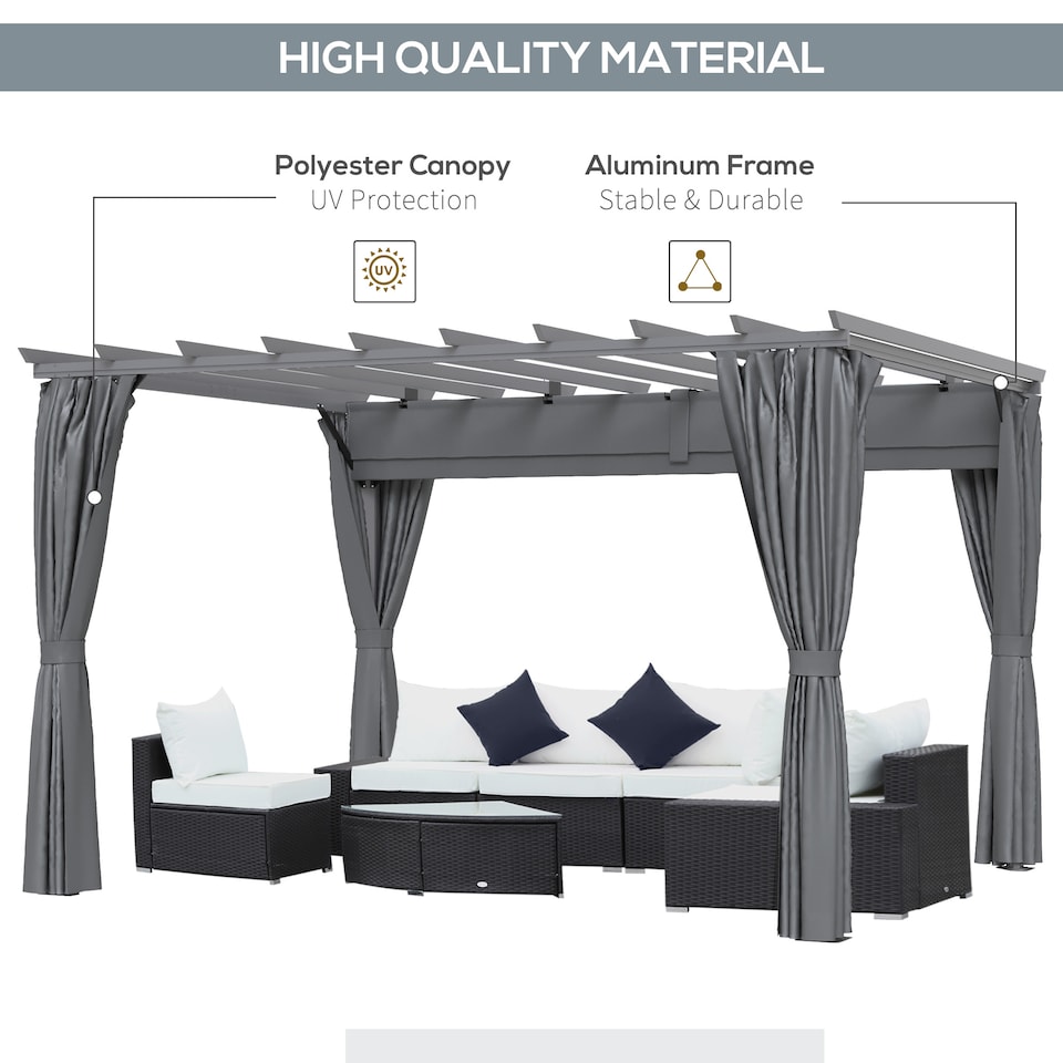 image 1 of Outsunny 3.6 x 3m Outdoor Pergola with Retractable Roof and Curtains, Garden Gazebo Canopy Sun Shade Shelter with Aluminum Frame, Dark Grey