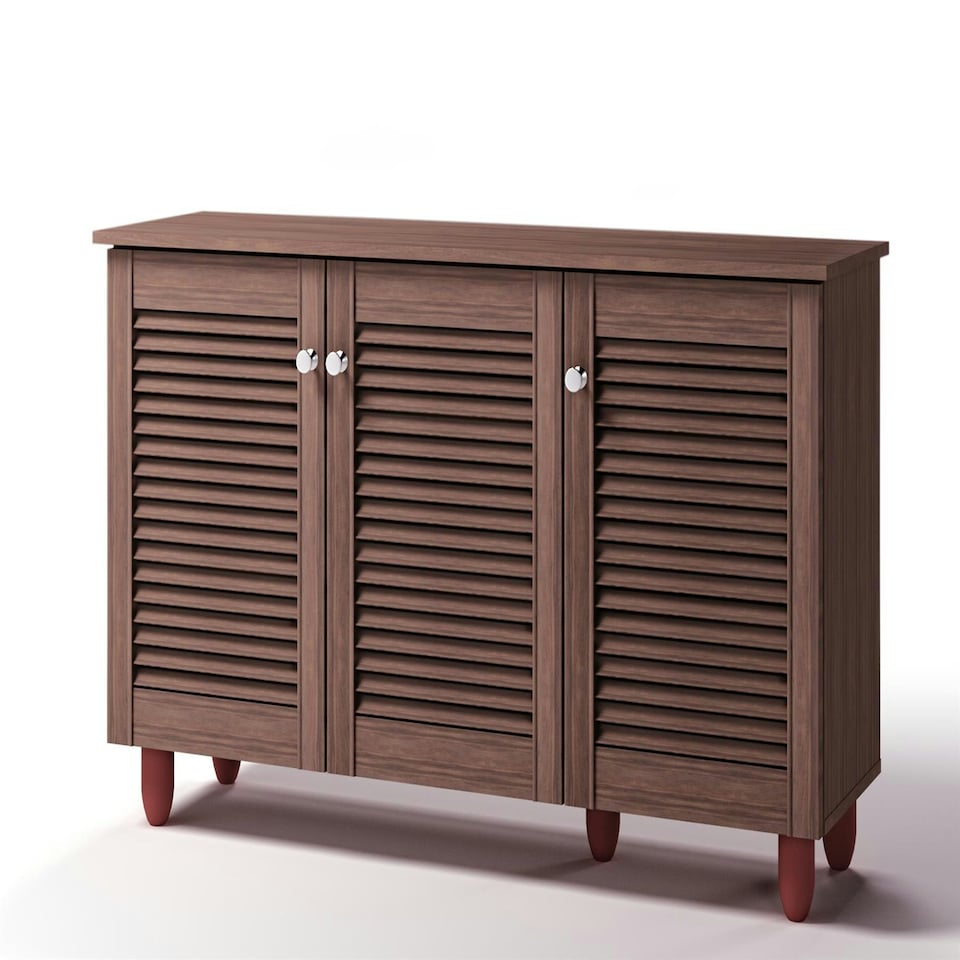 image 1 of Essentials Slatted 3 Door 3 Tier Shoe Cabinet Walnut Finish