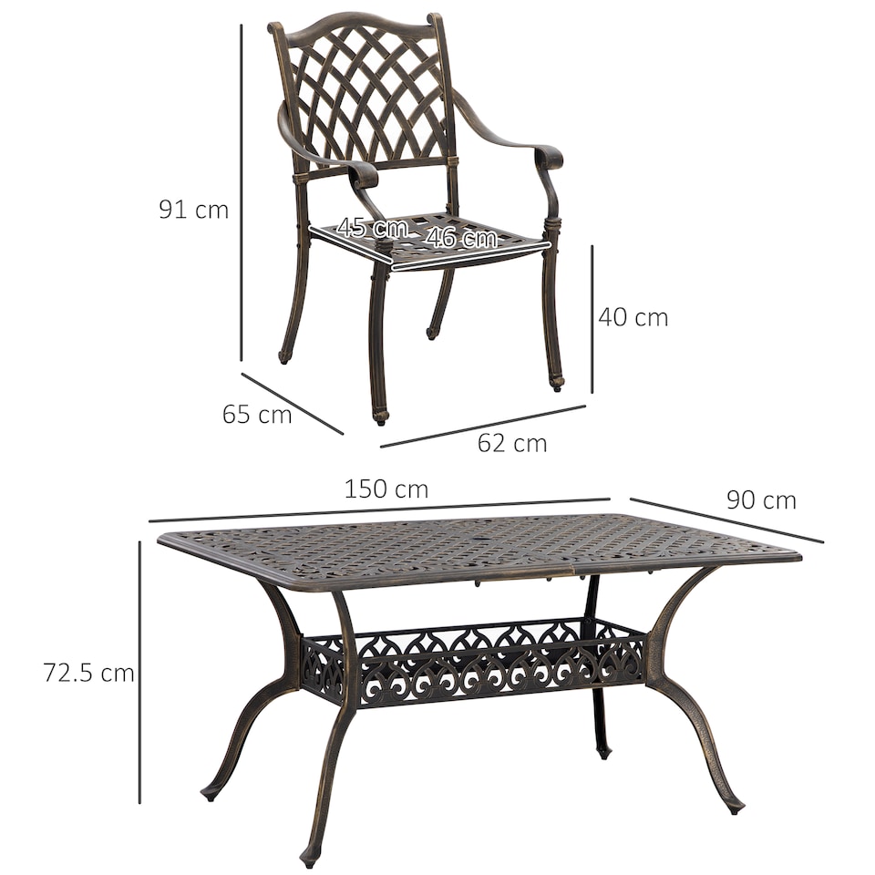 image 1 of Outsunny 7-PC Cast Aluminum Patio Dining Set w/ Umbrella Hole & Cushion, Bronze | Bronze | Bronze tone, Khaki | Table: 150x90x72.5cm, Chair: 62x65x91cm