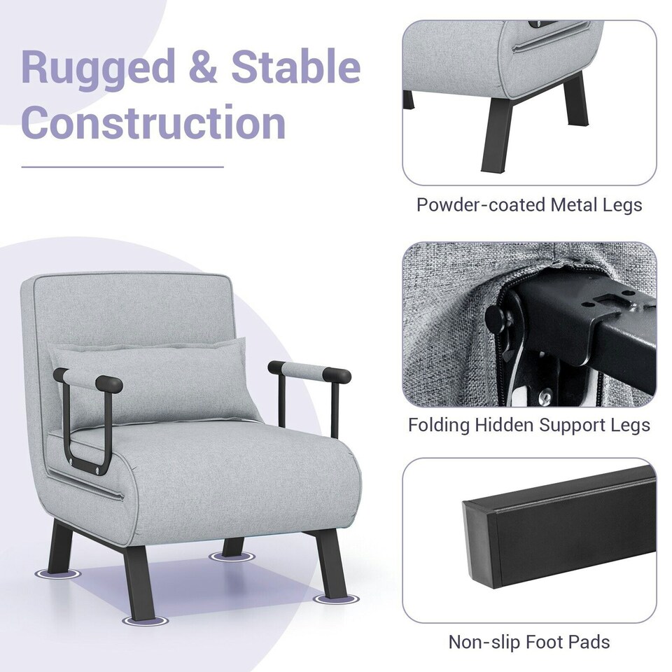 image 1 of COSTWAY Convertible Single Folding Sofa Bed Sleep Chair Grey Grey