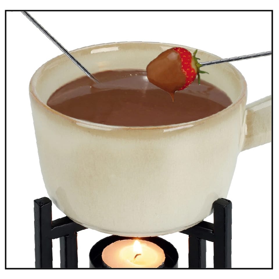 image 1 of Ceramic Chocolate Cheese Fondue Set Melting Pot with 2 Fruit Forks in Gift Box
