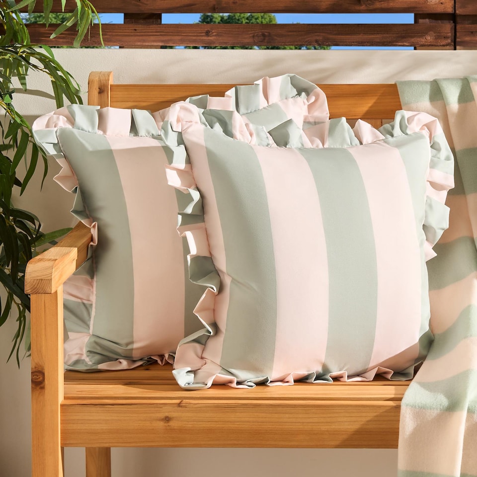 image 1 of OHS 2 x Stripe Garden Cushion Covers Outdoor Water Resistant | Multi | Sage/Cream