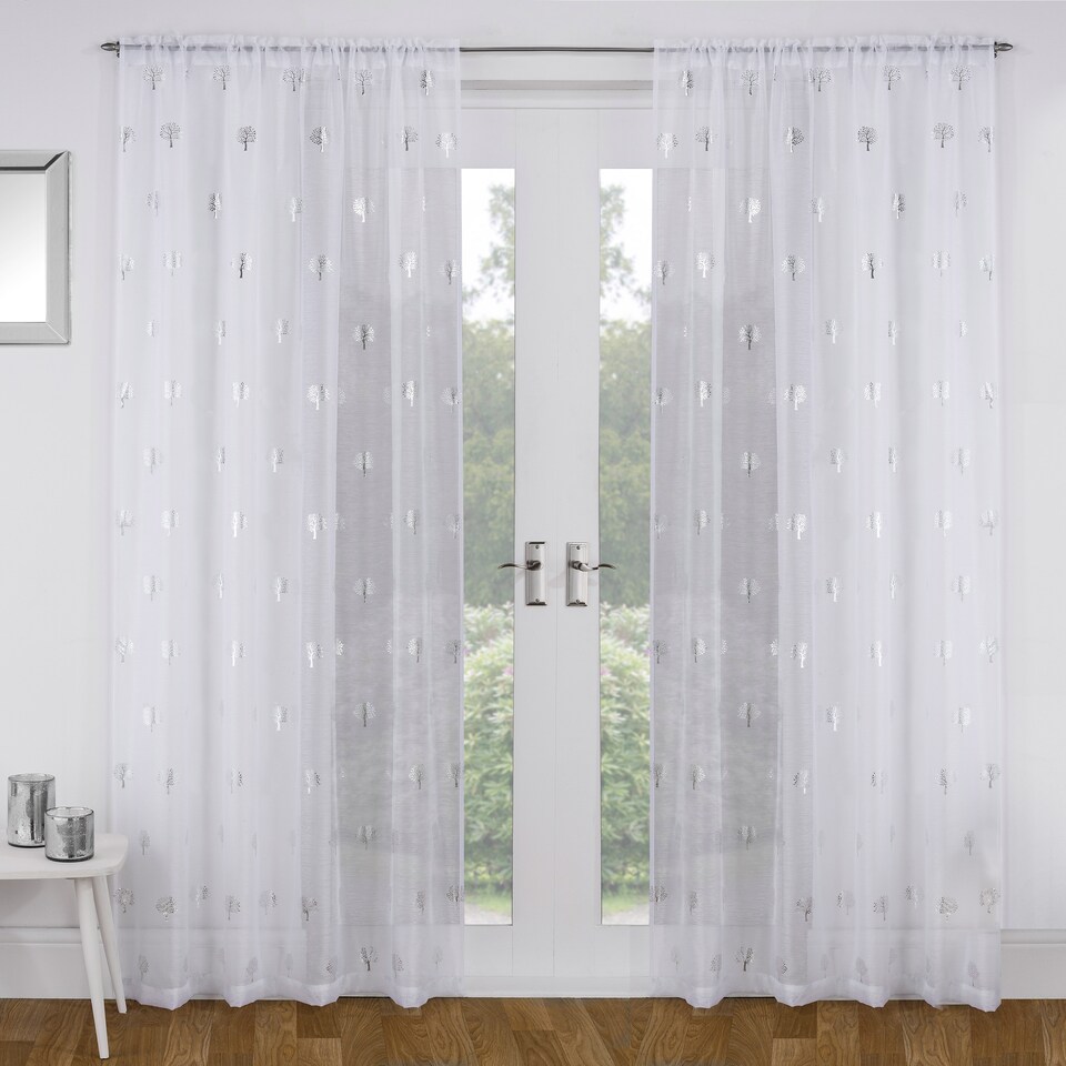 image 1 of Birch White Metallic Tree Print Linen-Look Voile Panel - Pair 140 x 122cm (55x48")