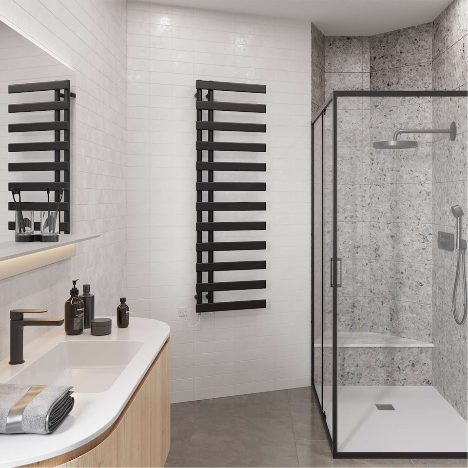 image 1 of Agar Electric Towel Rail Standard Heated Bathroom Radiator - Black (H) 1564mm x (W) 500mm - 600W