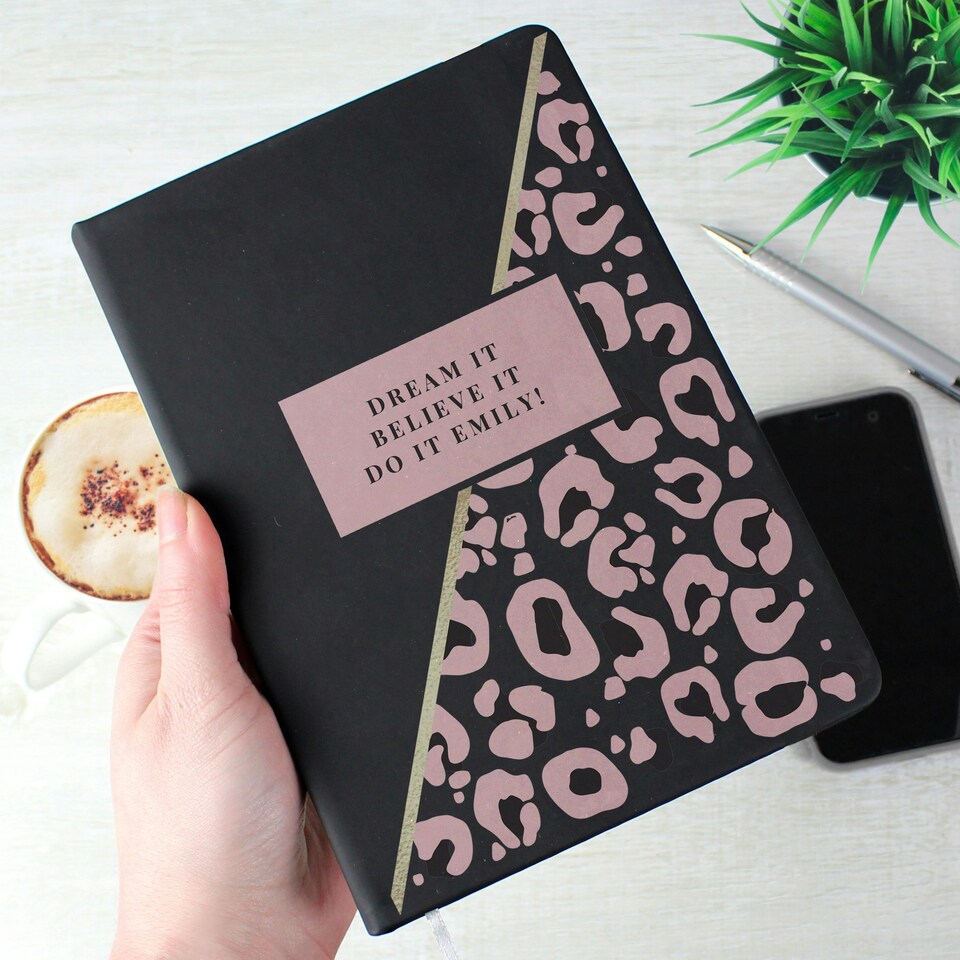 image 1 of Personalised Leopard Print Black Hardback Notebook