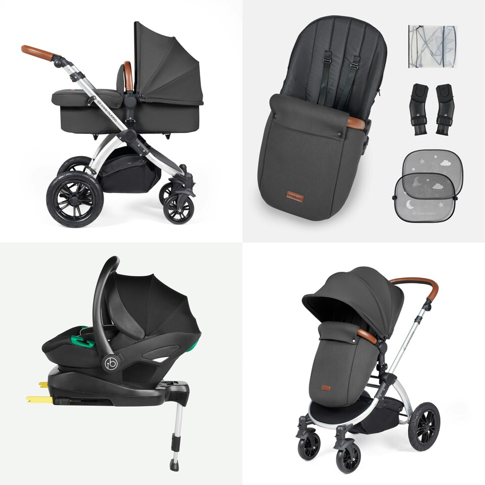 image 1 of Stomp Luxe 2-in-1 Pram – Birth to Approx. 4 Years, Foldable, All-Terrain, Rain Cover, Footmuff, Puncture-Proof Wheels & More (Silver/Charcoal Grey/Tan)