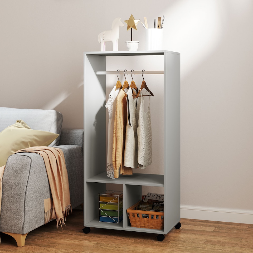 image 1 of HOMCOM Open Wardrobe on Wheels, Bedroom Wardrobe with Clothes Hanging Rail, 2 Storage Shelves, Mobile Garment Rack for Cloakroom, Hallway, Grey