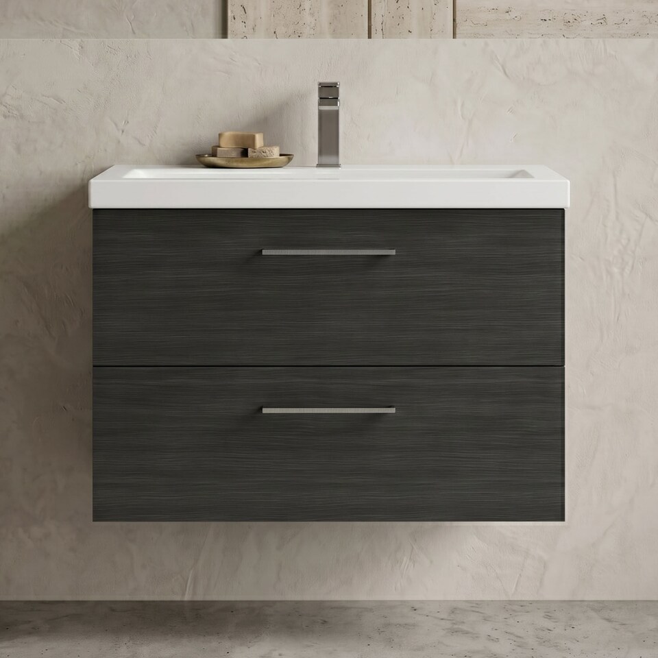 image 1 of Balterley Wall Hung Bathroom 2 Drawer Vanity Unit and 1 Tap Hole Ceramic Basin, with Handles | Black