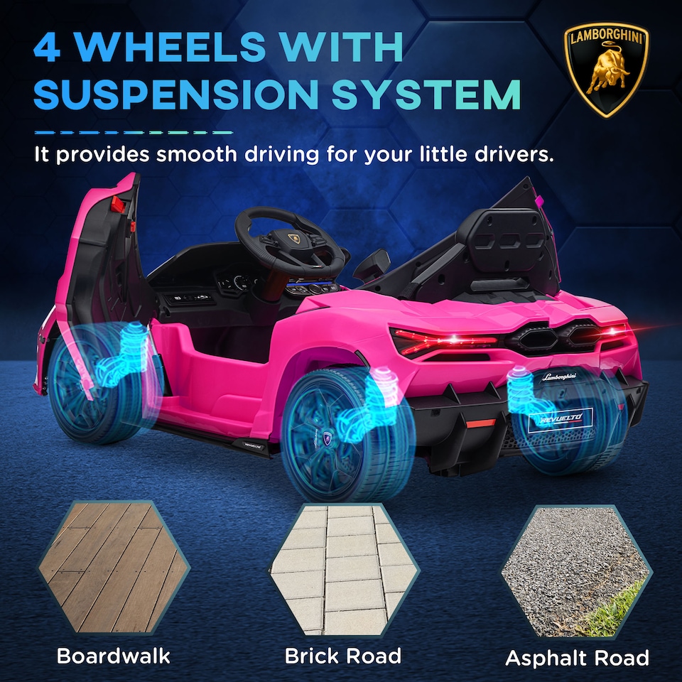 image 1 of AIYAPLAY Lamborghini Revuelto Licensed Kid Electric Car, 12V Kids Electric Ride On with Butterfly Doors, Suspension, Remote Control, LED Lights, Horn, USB, MP3 for 3-5 Years, Pink