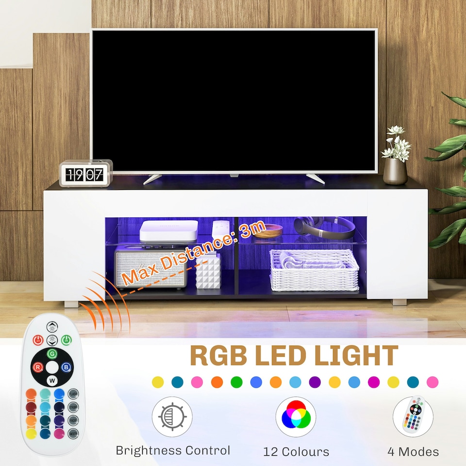 image 1 of HOMCOM TV Stand 145cm TV Unit with Glass Shelves RGB LED Light