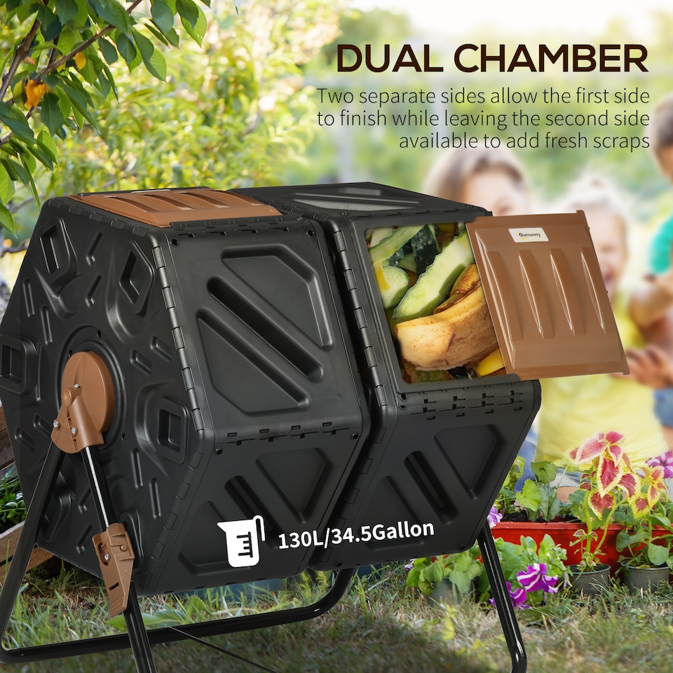 image 1 of Outsunny 130L Compost Bin Dual Chamber Rotating Composter w/ Ventilation Holes | Brown | Dark Brown and Black