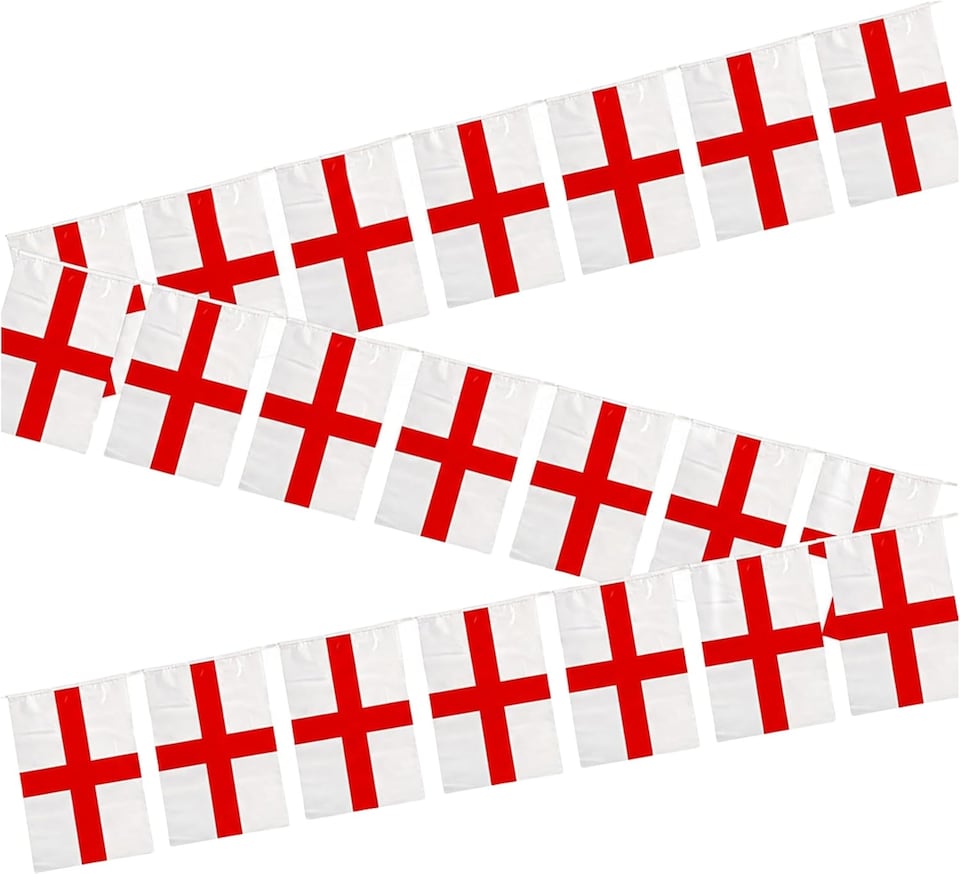 image 1 of 10m/33ft England St George Flag Bunting for FIFA 2026 World Cup – 25 St George Cross PVC Flags 20 x 30cm Double Sided