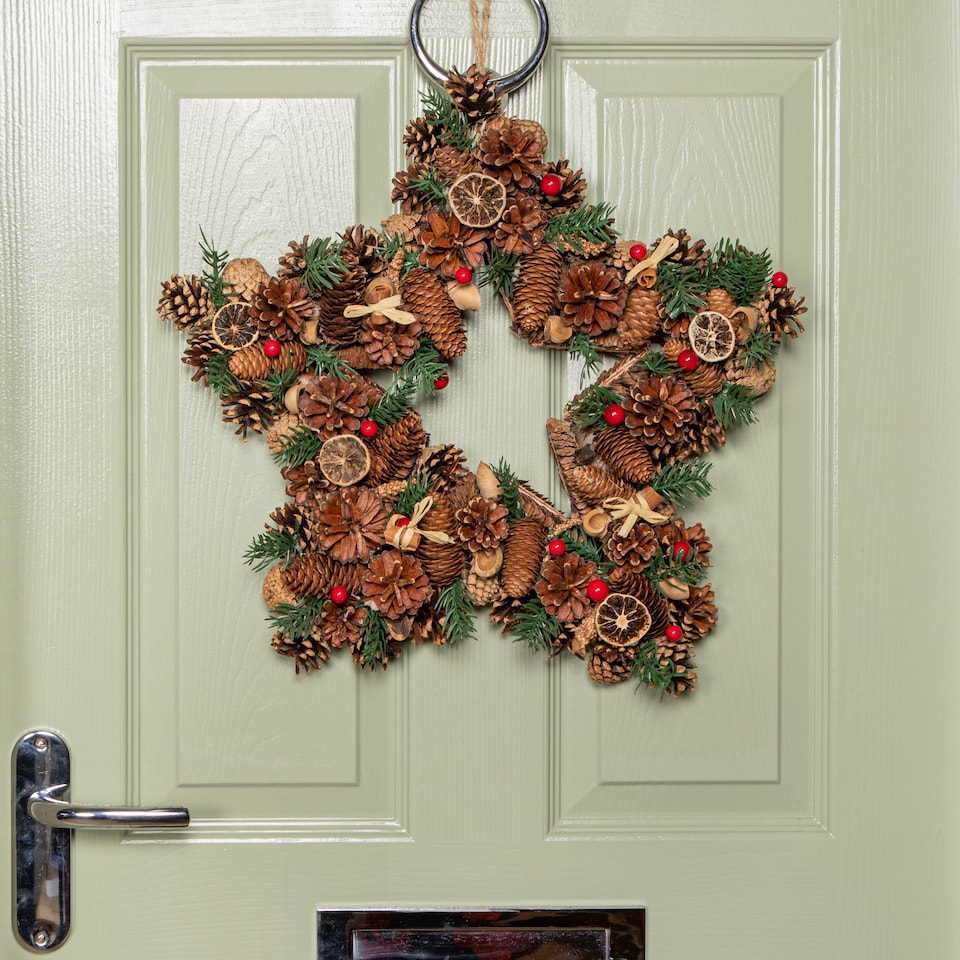 image 1 of 45cm Winter Spice Star Hanging Christmas Wreath with Pine Cones Red Berries & Dried Fruit