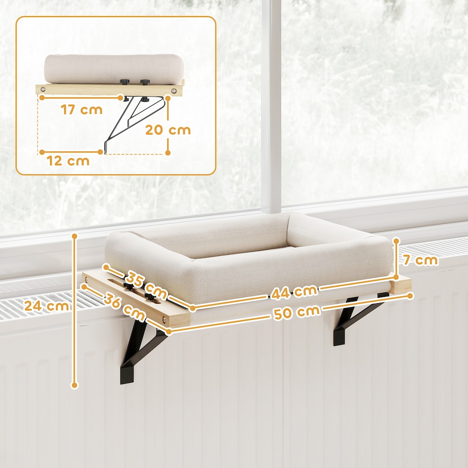 image 1 of PawHut Cat Radiator Bed, Adjustable Hanging Cat Hammock with Cushion, Cream | Cream