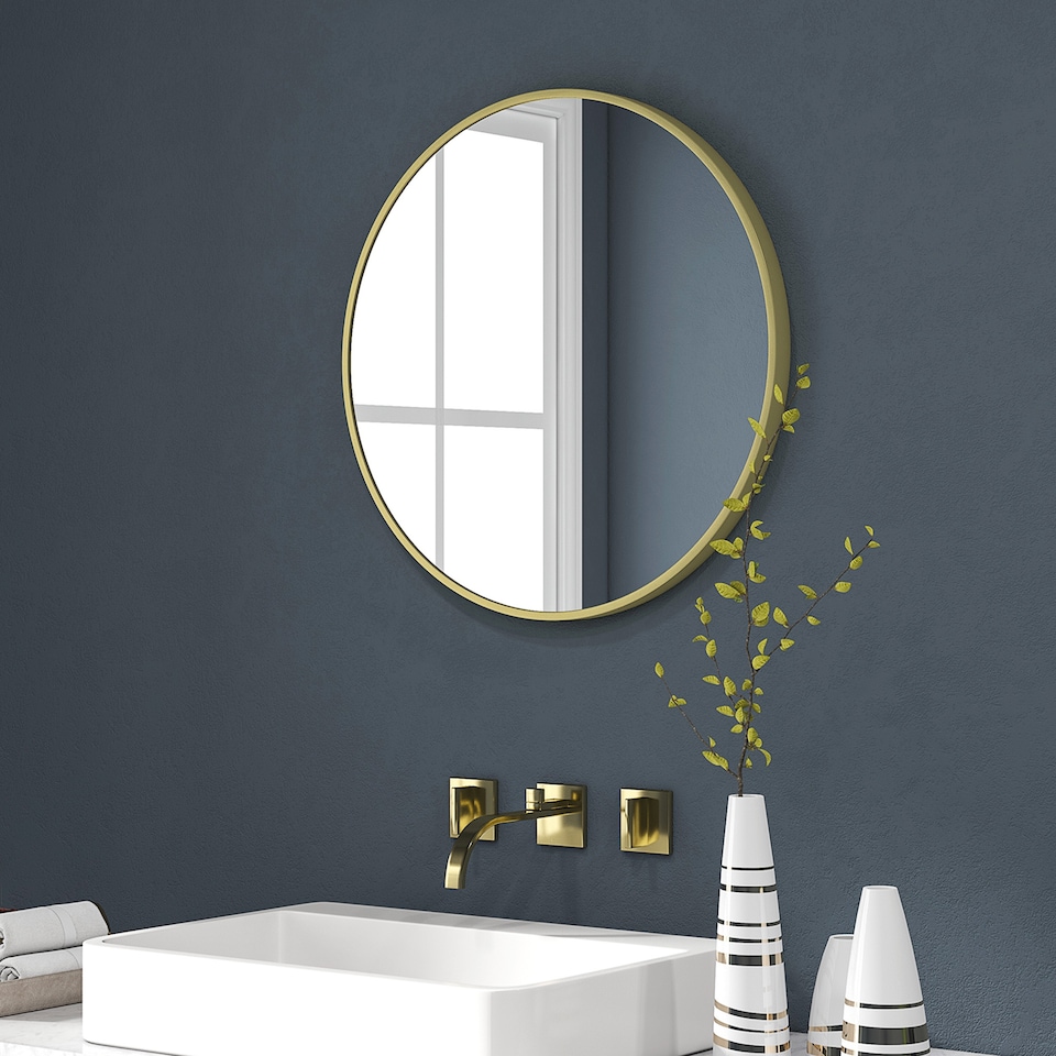 image 1 of HOMCOM Round Bathroom Mirror, Modern Wall-mounted Vanity Mirror with Aluminium Frame and Easy Install Hook for Living Room, Entryway, 60  60cm, Gold Tone