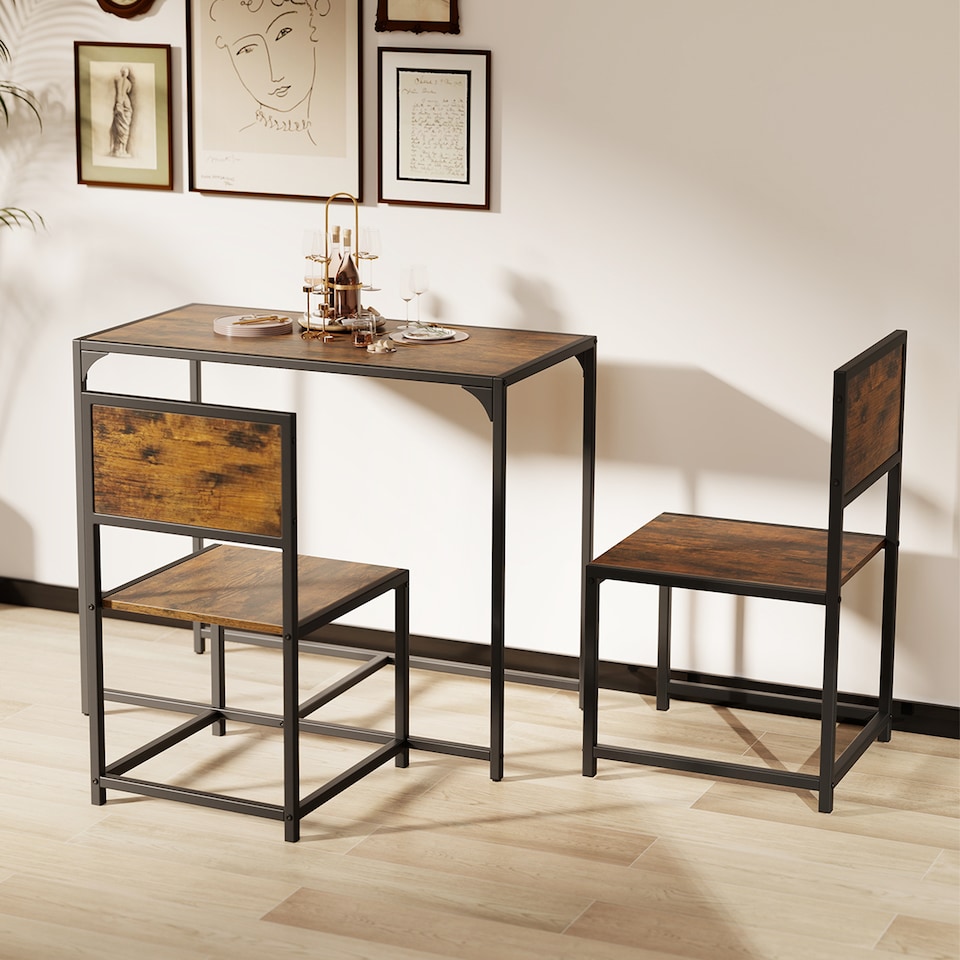 image 1 of COSTWAY 3 Piece Dining Table Set Industrial Rectangular Kitchen Table-Brown