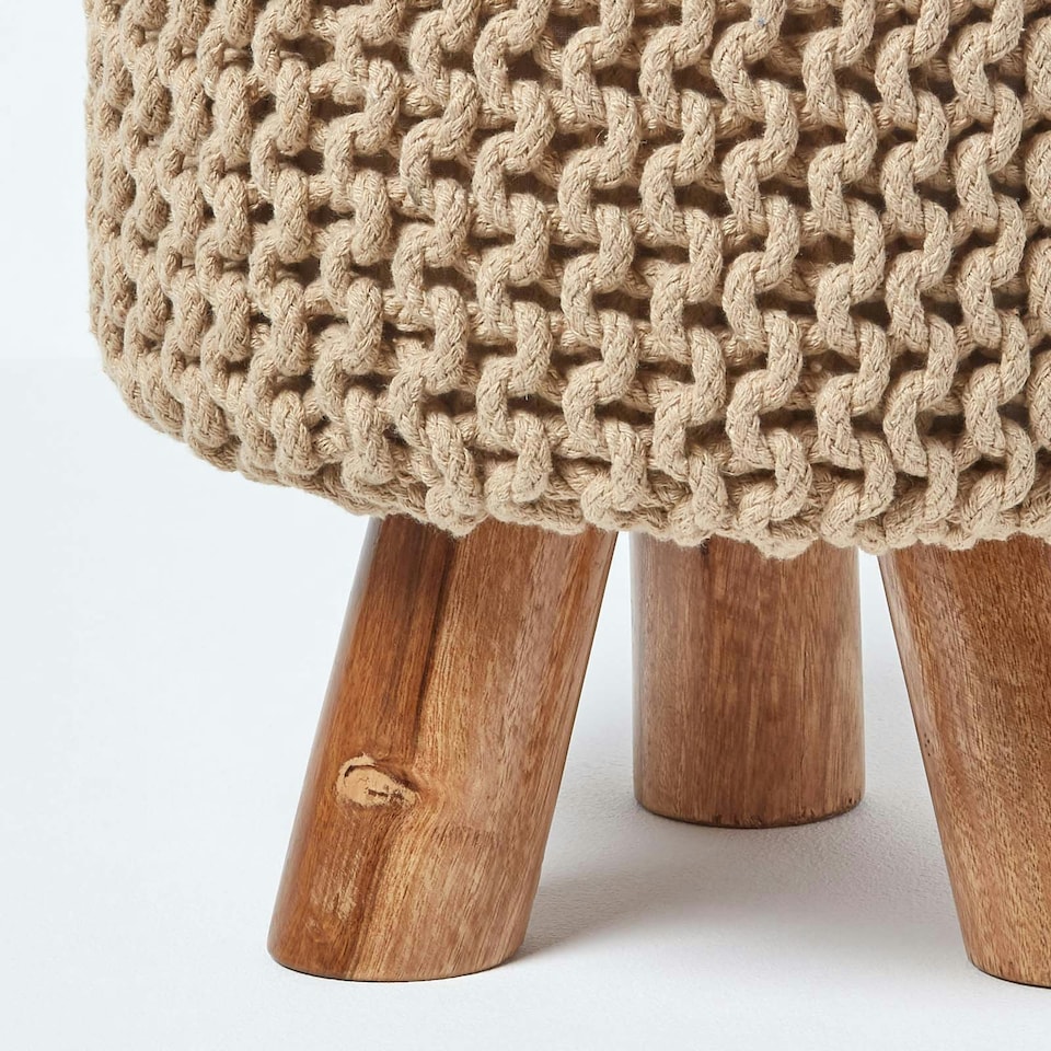 image 1 of Homescapes Linen Tall Cotton Knitted Footstool on Legs