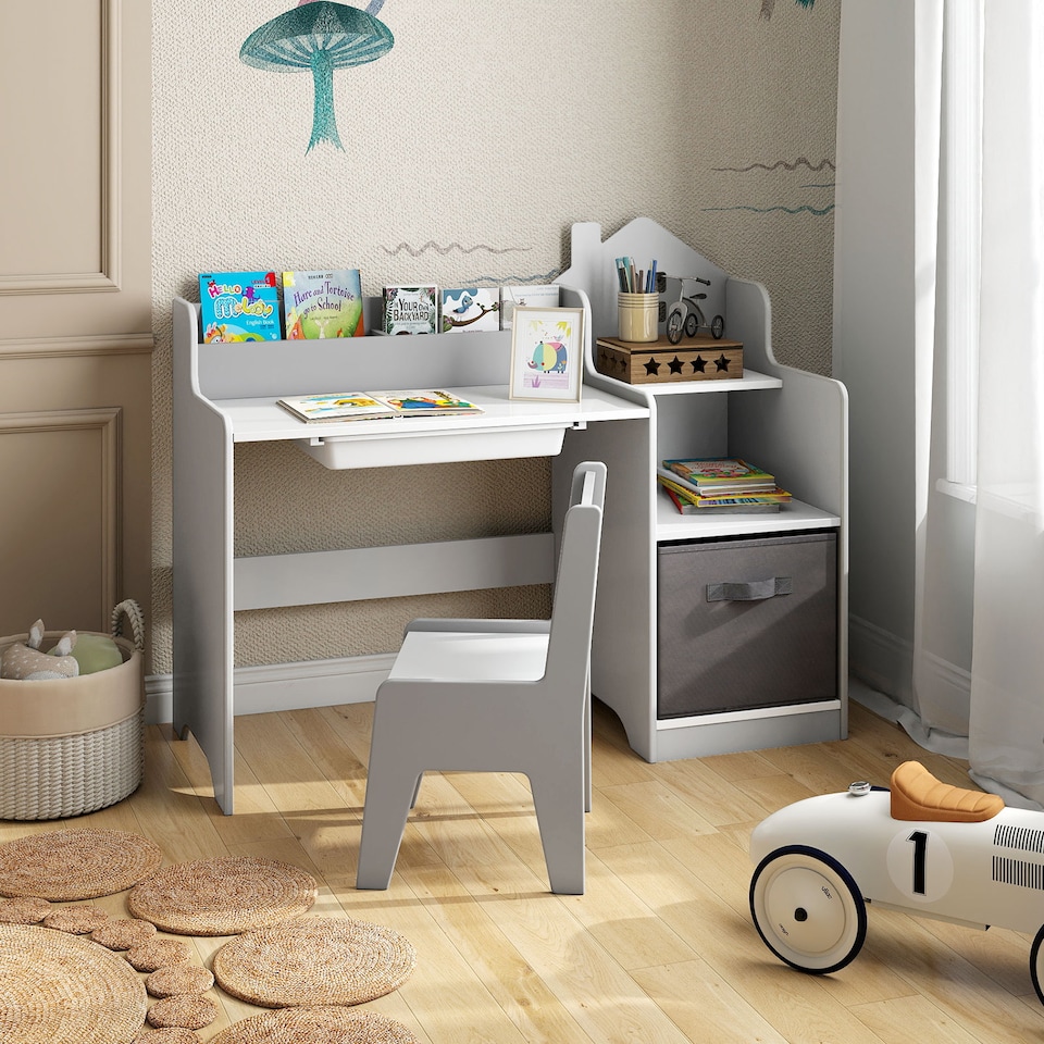 image 1 of COSTWAY Kids Study Desk and Chair Set Children Table Grey