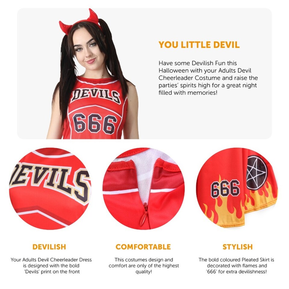 image 1 of Devil Cheerleader Costume - Facepaint and Pom Poms | Red | 2XL