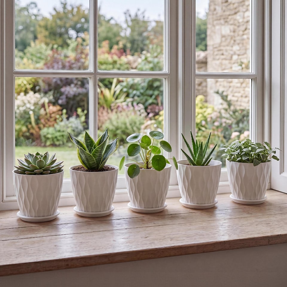 image 1 of TOQUE Plant Pots,5Pc 8 Inch Plant Pots Indoor,Drainage,PP Plastic,White