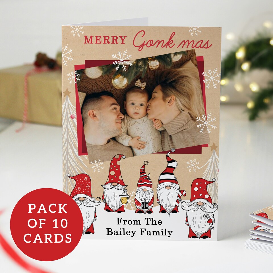 image 1 of Personalised Photo Upload Pack of 10 Gonk Christmas Cards