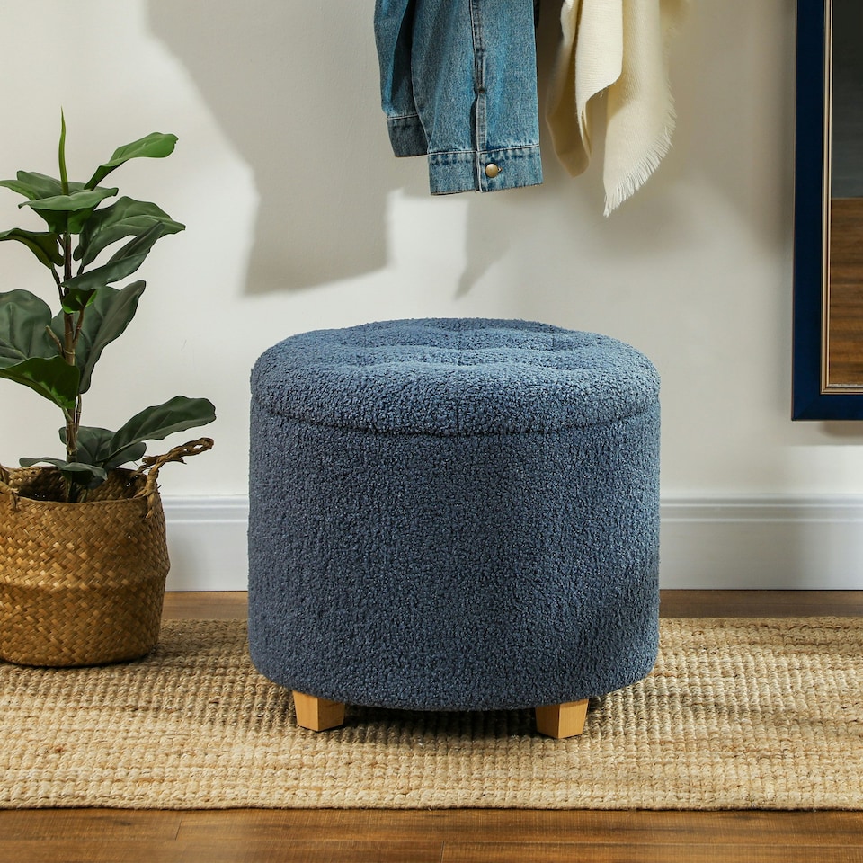 image 1 of HOMCOM 45cm Round Ottoman with Storage, Lid, Cashmere Footstool, Blue
