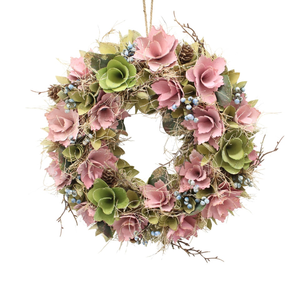 image 1 of Hanging Door Wreath Round Spring Easter Christmas Wall Decor Traditional Festive | Multi | Pink & Green Twigs | 34cm | 1