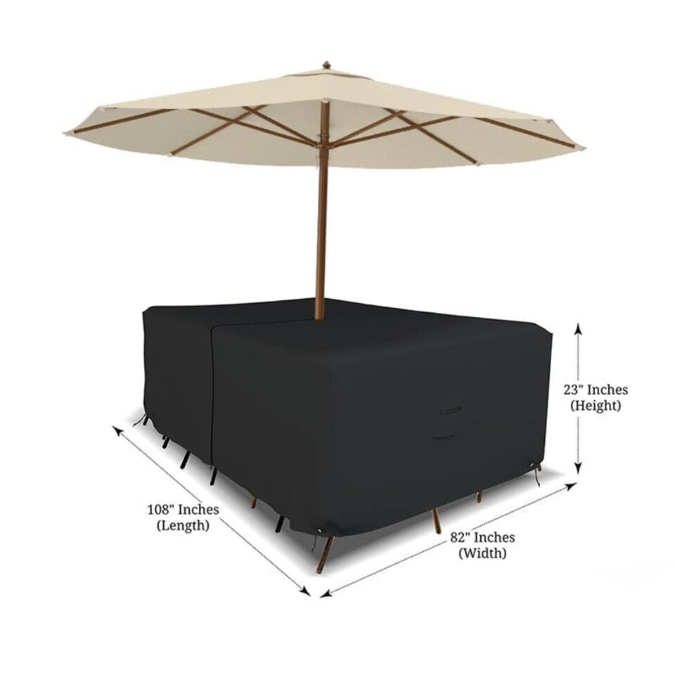 image 1 of Covers&All Rectangle Table & Chair Set Cover, Umbrella Hole, 12 Oz Waterproof UV & Weather Resistant, 108 in L x 82 in W x 23 in H, Black