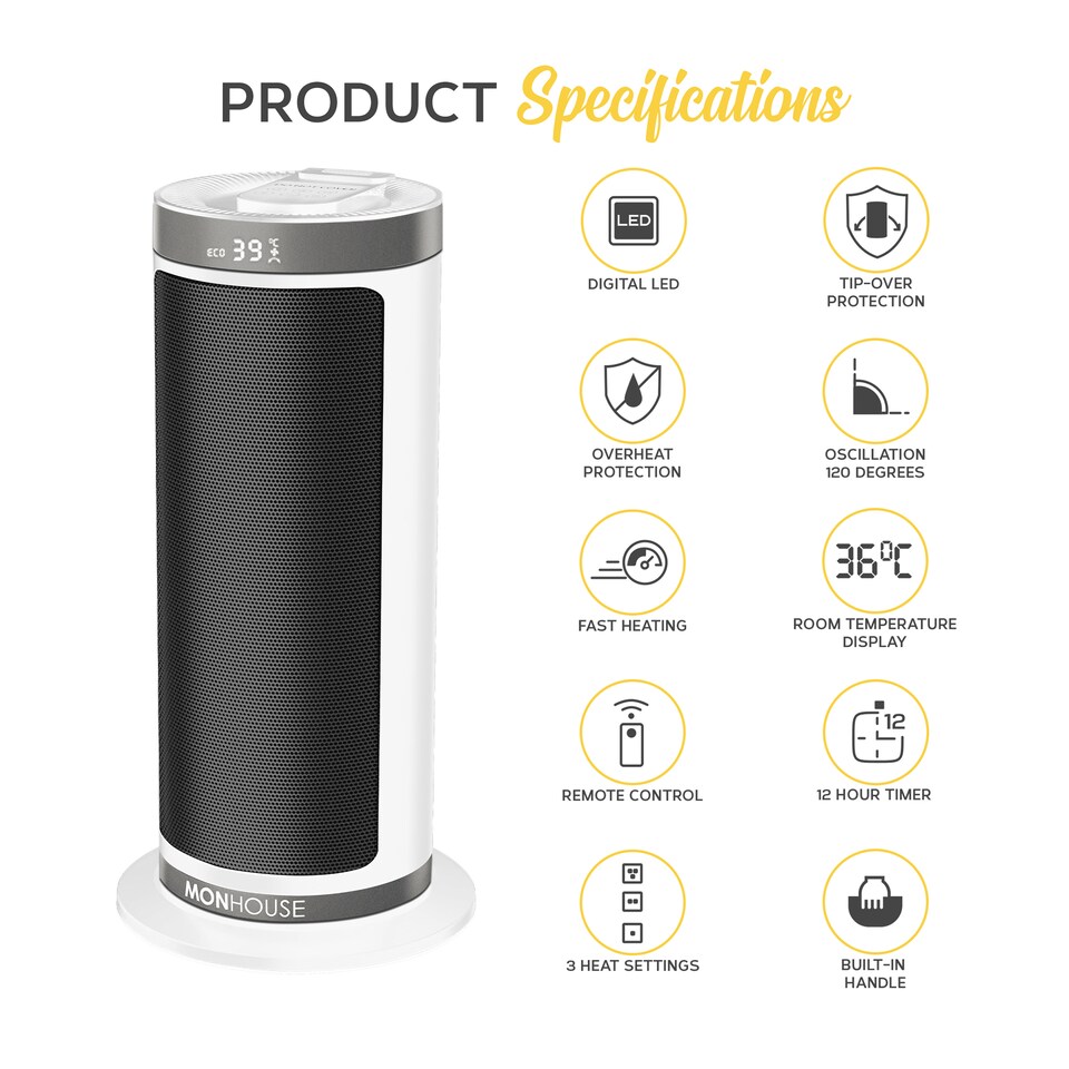image 1 of MONHOUSE Portable Electric Space Heater - 120 Degree Oscillation, Remote Control, Tip Over & Overheat Protection - 12H Timer - 40cm